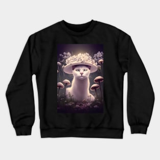 White Cat Under a Floral Mushroom | White cat with green eyes | Digital art Sticker Crewneck Sweatshirt